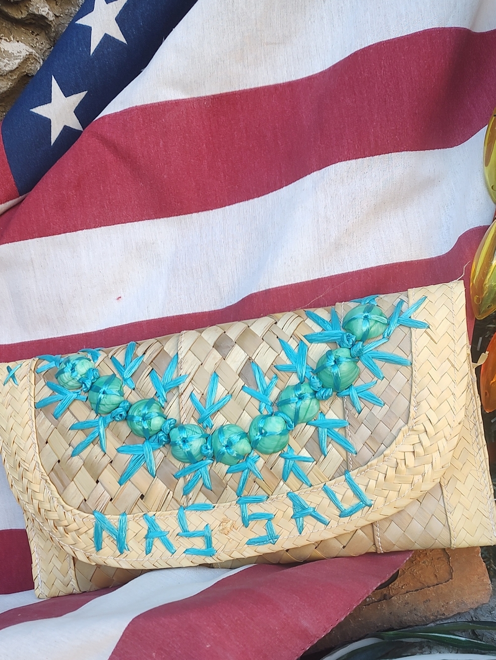 Nassau Bag/Woven Straw Clutch with Turquoise Embroidery - Picture 3 of 7